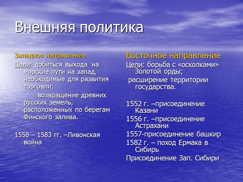 Внешняя политика Западное направление Цели: добиться выхода  на морские пути на запад, необходимые